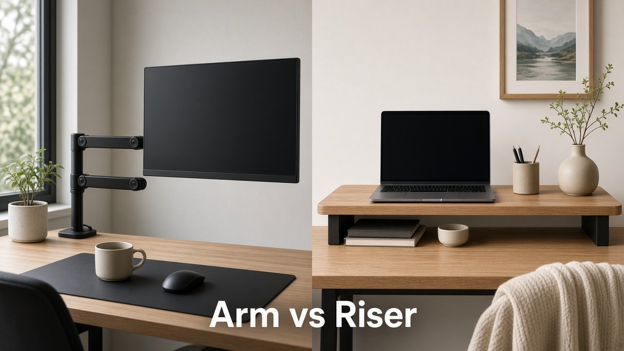 Monitor on a clamp arm beside a wood monitor riser on a small desk