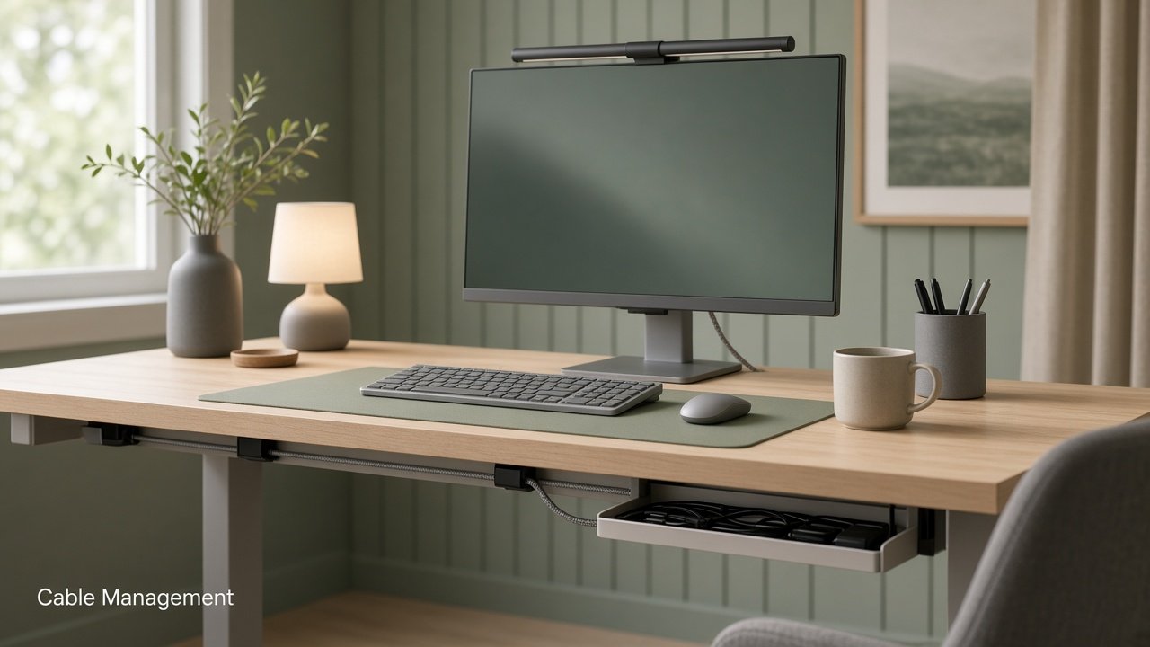 Under-desk cable tray and tidy cords on a small home-office desk