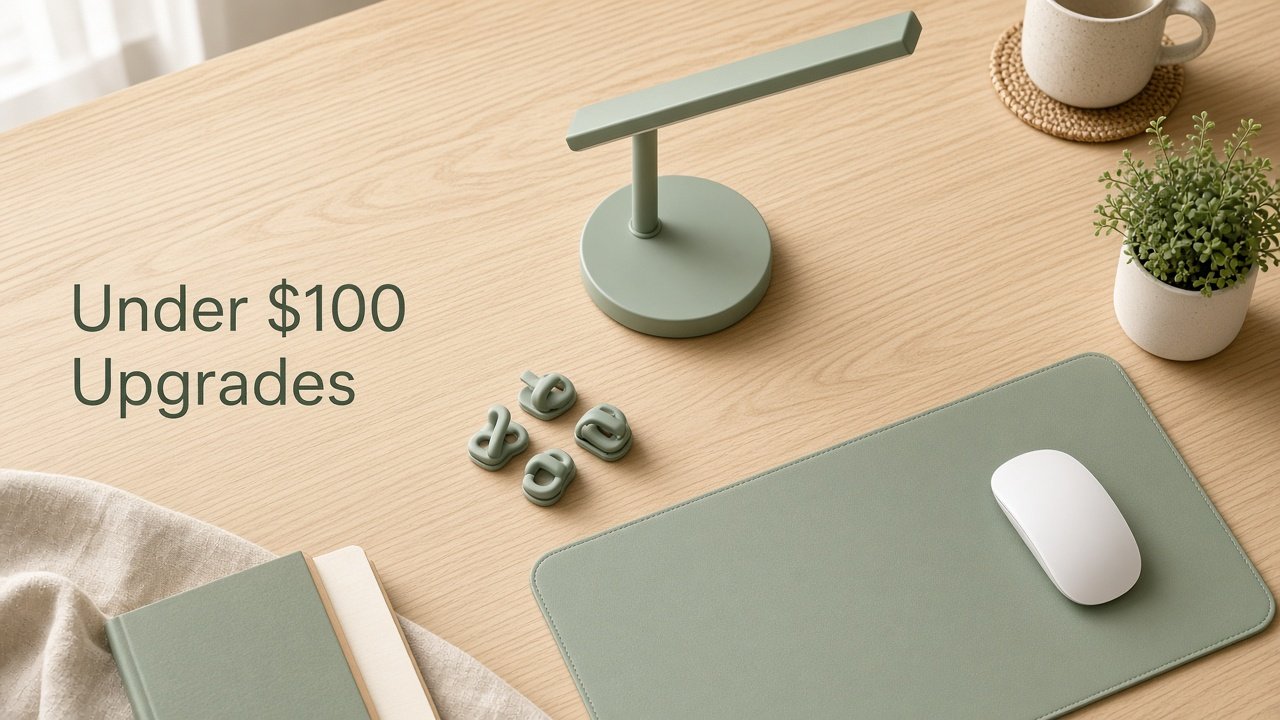 Neat small desk with mat, lamp, and under-$100 office upgrades